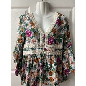 Jodiful Boho Top Womens Size Small Lace Trimmed Floral Peasant Bell Sleeve